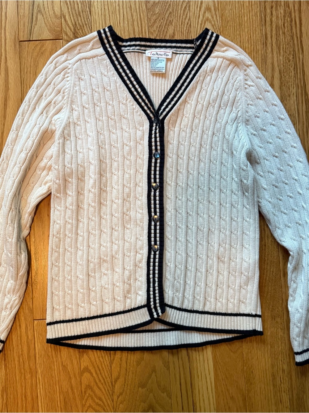 Talbots Cream Cable-Knit Cardigan with Black Trim